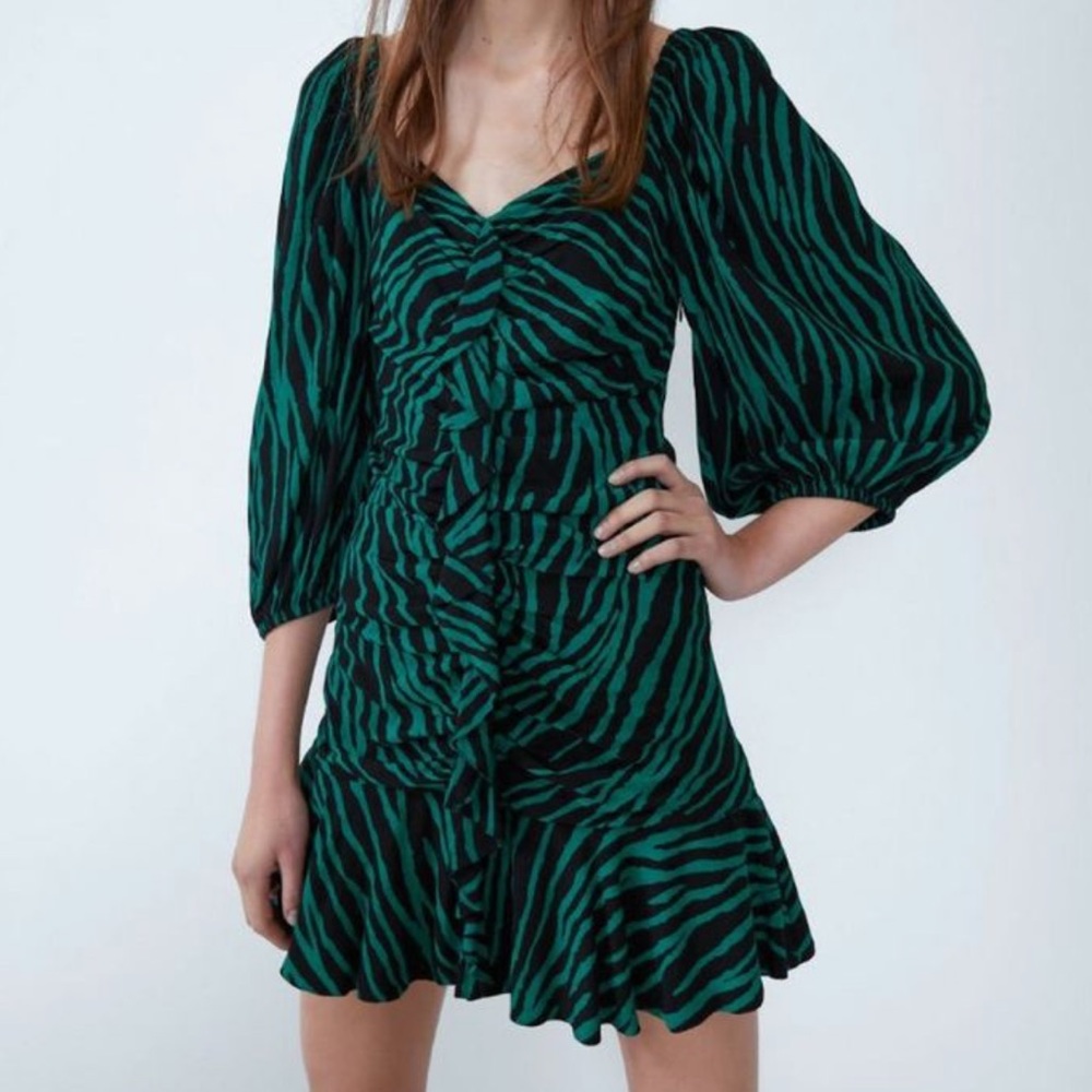 ZARA Green and Black Zebra Stripe Gathered Ruffle Mini Dress Size Large